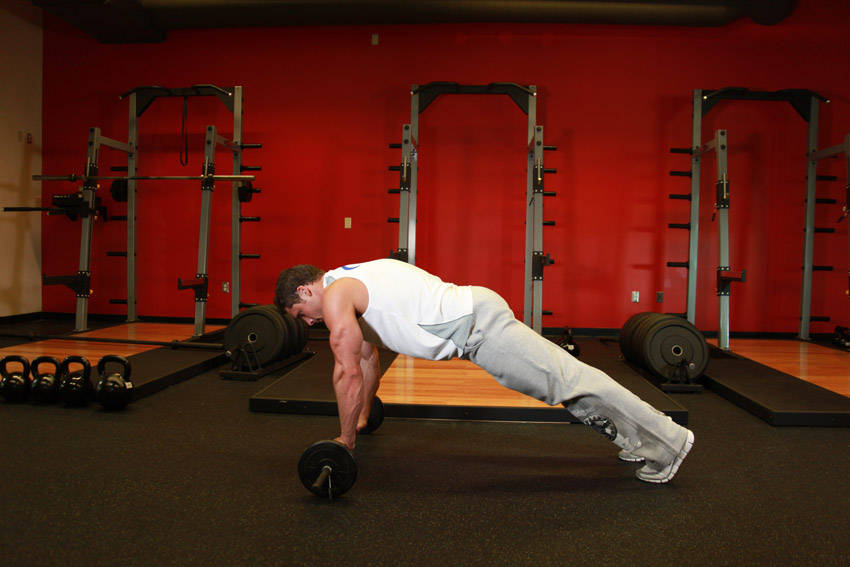Barbell Ab Rollout start and end position