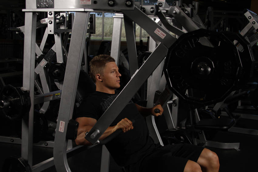 Leverage Decline Chest Press start and end position