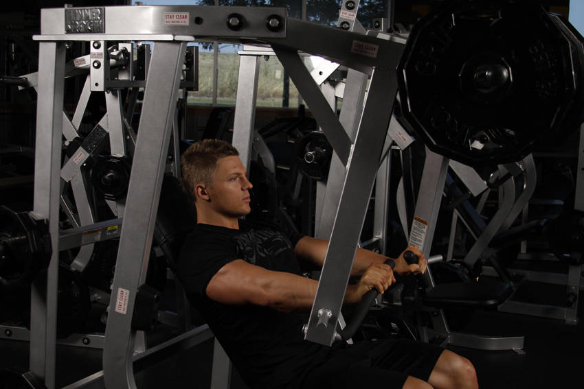 Leverage Decline Chest Press start and end position