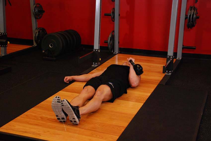 One-Arm Kettlebell Floor Press start and end position