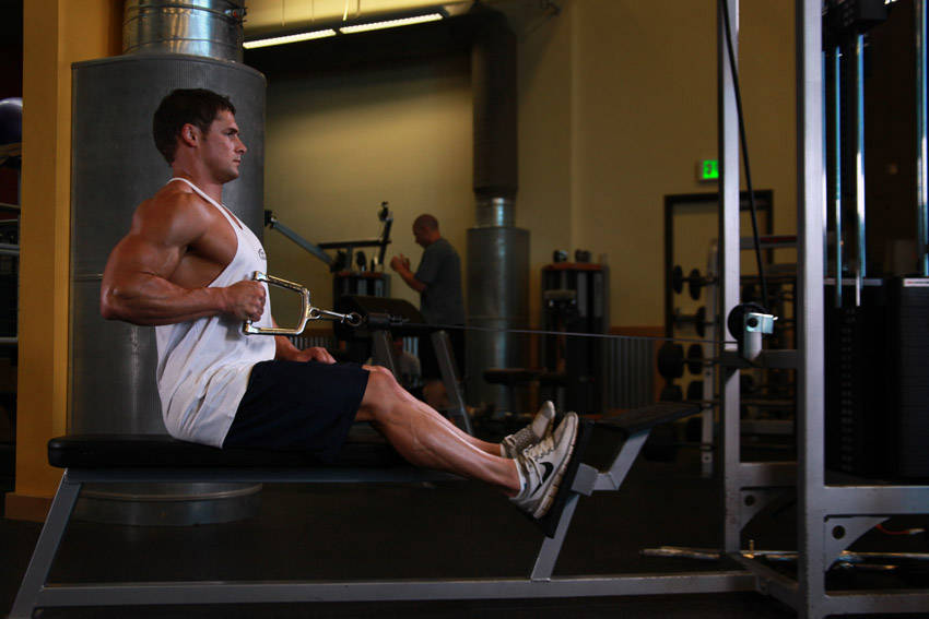 Seated One-arm Cable Pulley Rows start and end position